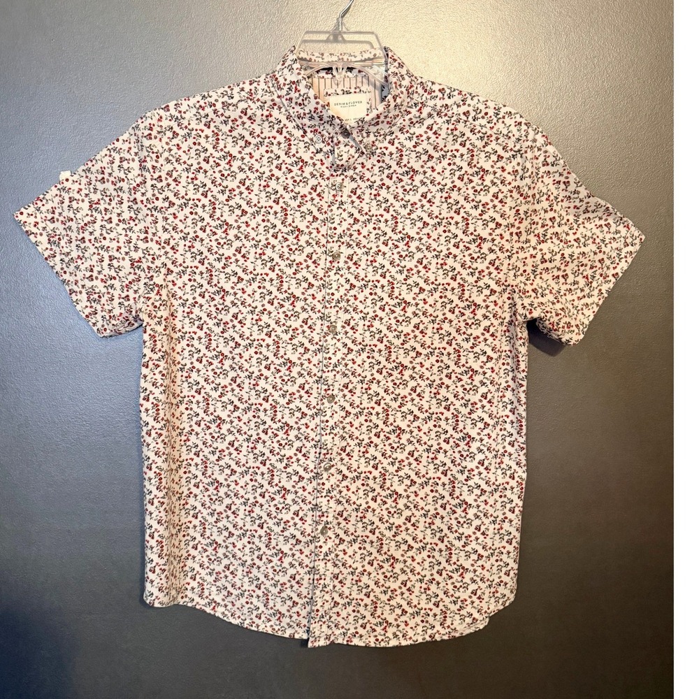 Denim & Flower Button Down Mens Large White Floral Excellent Soft Cotton Shirt